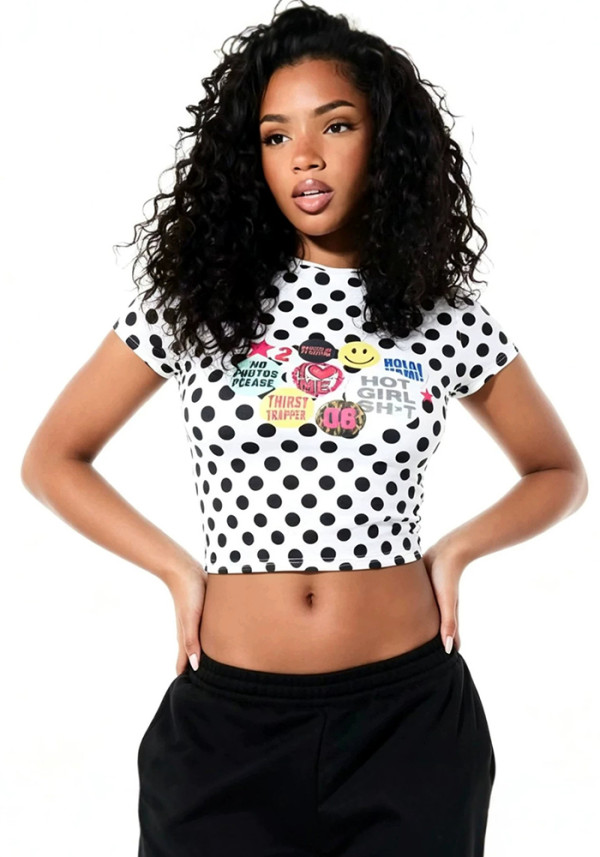 Women Short Sleeve Polka Dot Print Summer Crop Top