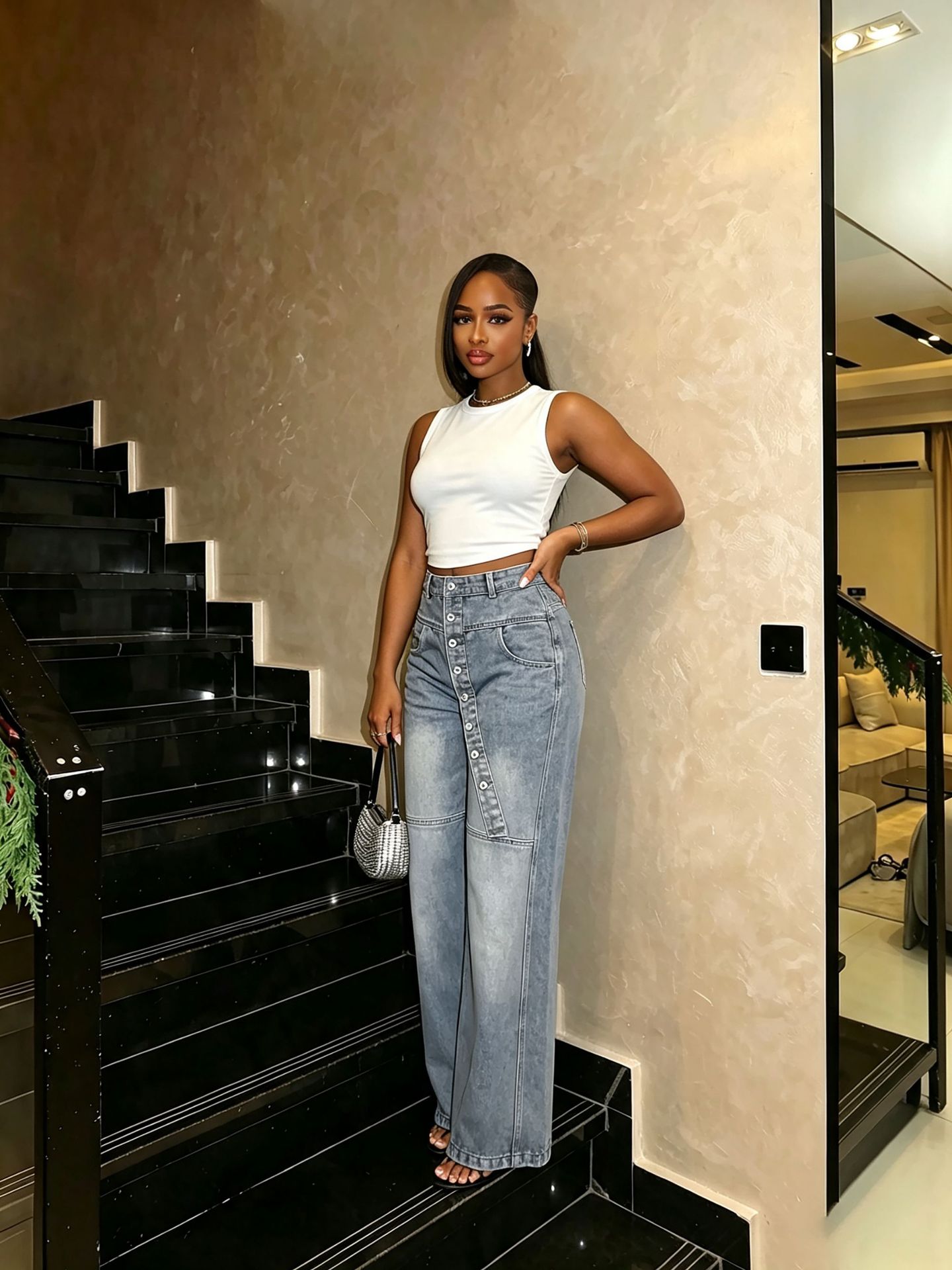 Washed Slim-Fit Wide-Leg Denim Pants