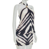 Women Summer Zebra‑Print Halter Neck Metal Ring Backless Dress