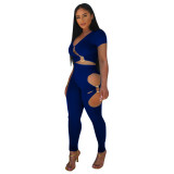 Women V‑Neck Short Sleeve Top & Cut‑Out Pants Two‑Piece Set