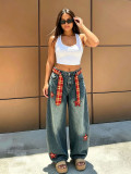 Women's Streetwear Applique Embroidered Star and Sword Denim Pants