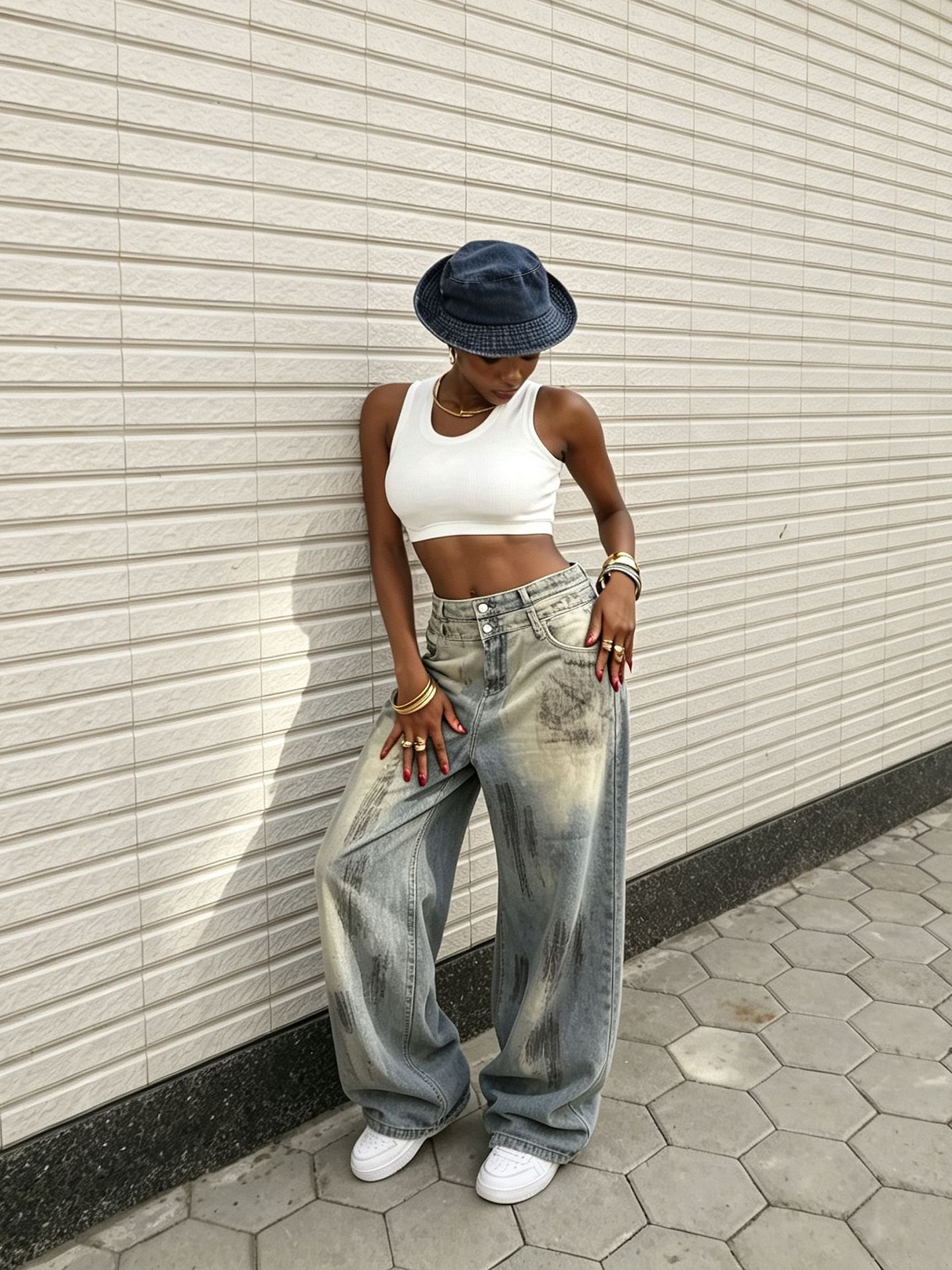 Washed Double-Waist Wide-Leg Denim Pants