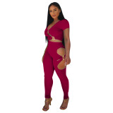 Women V‑Neck Short Sleeve Top & Cut‑Out Pants Two‑Piece Set