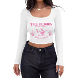 Women's Casual Ribbed Slim-Fit Cropped Long-Sleeve Square-Neck T-Shirt