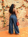 Women's Casual Drawstring Elastic-Waist Pleated Wide-Leg Washed Denim Pants