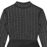 Women Beaded High‑Neck Mesh Long Sleeve Ruched Bodycon Dress