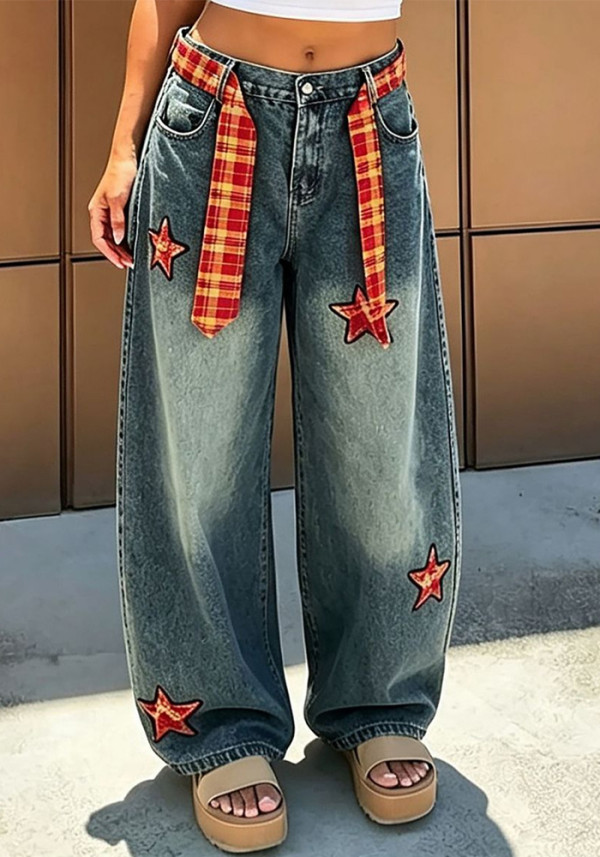 Women's Streetwear Applique Embroidered Star and Sword Denim Pants