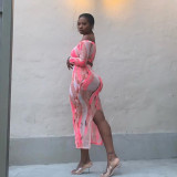 Women Long Sleeve Off‑Shoulder Mesh Printed Top & Slit Skirt Two‑Piece Set