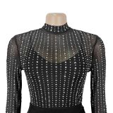 Women Beaded High‑Neck Mesh Long Sleeve Ruched Bodycon Dress