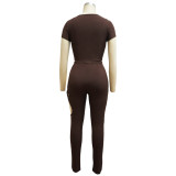 Women V‑Neck Short Sleeve Top & Cut‑Out Pants Two‑Piece Set