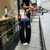 Women's Fashionable Drawstring Double-Waist Color-Block Patchwork Letter-Embroidered Sweatpants