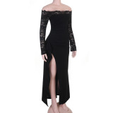 Women Slit Lace Long Sleeve Off‑Shoulder Formal Party Dress