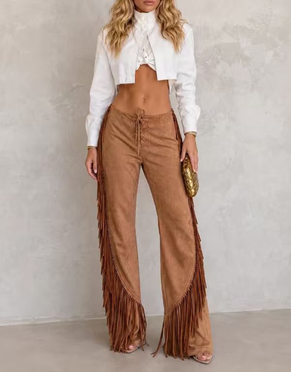 Tassel High-Waisted Slim-Fit Bell-Bottom Suede Pants for Fall