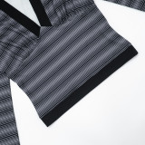 Women Autumn Sexy V‑Neck Striped Top & 7/8 Length Pants Two‑Piece Set