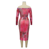 Women Long Sleeve Off‑Shoulder Mesh Printed Top & Slit Skirt Two‑Piece Set