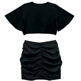 Plus Size Women's Letter-Print Short-Sleeve Cropped Top with Ruched Bodycon Skirt Two-Piece Set