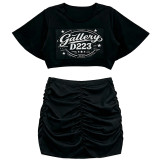 Plus Size Women's Letter-Print Short-Sleeve Cropped Top with Ruched Bodycon Skirt Two-Piece Set