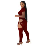 Women V‑Neck Short Sleeve Top & Cut‑Out Pants Two‑Piece Set