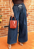Women's Casual Drawstring Elastic-Waist Pleated Wide-Leg Washed Denim Pants