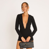 Women Fall‑Winter Casual Turndown Collar V‑Neck Long Sleeve Lace Trim Jumpsuit