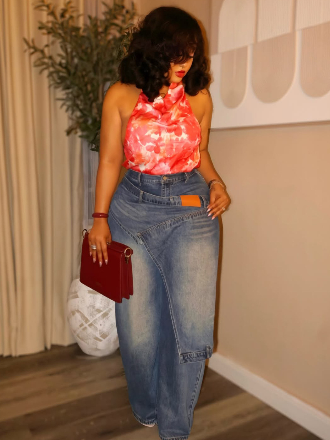 Asymmetrical Deconstructed Patchwork PU-Washed Denim Pants