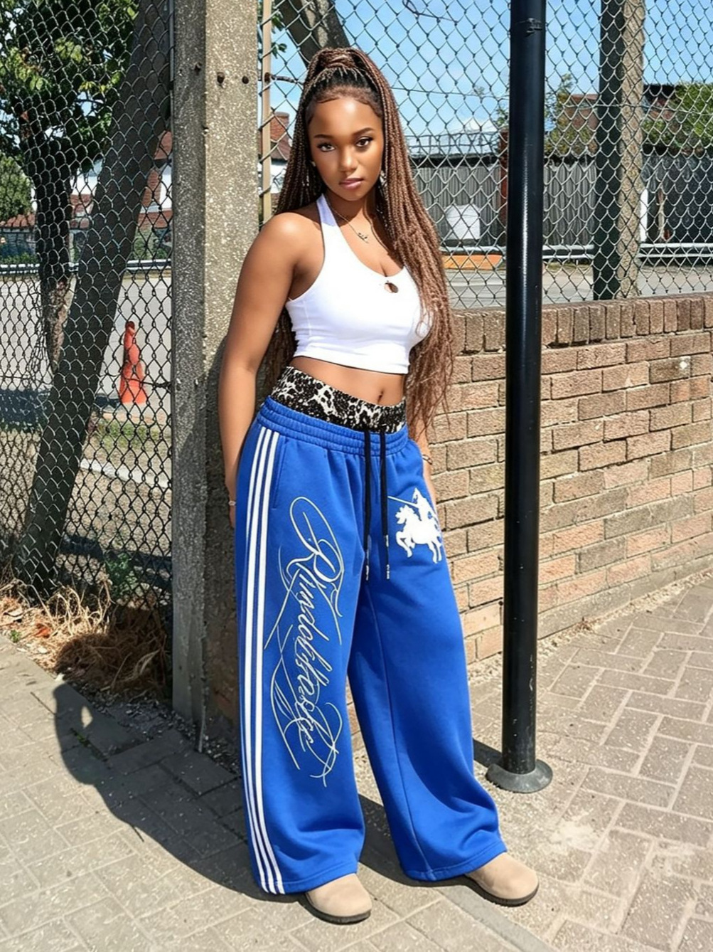 Leopard-Print Double-Waist Letter-Embroidered Sweatpants