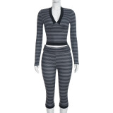 Women Autumn Sexy V‑Neck Striped Top & 7/8 Length Pants Two‑Piece Set