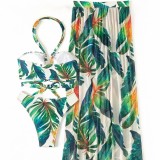 Women's Printed Halter Neck Bikini Three-Piece Beach Set with Cover-Up Skirt