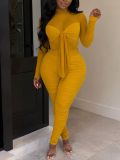Women Mesh High Neck Patchwork Long-Sleeve Tie-Waist Ruffled Jumpsuit