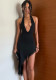 Fall Women's Fashionable Tassel Patchwork Sexy Halter Neck Low-Back V-Neck Asymmetrical Dress