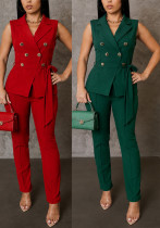 Summer Women's Career Sleeveless Slim-Waist Tie-Front Blazer with Straight-Leg Pants Two-Piece Set Summer Women's Career Sleeveless Slim-Waist Tie-Front Blazer with Straight-Leg Pants Two-Piece Set