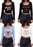 Women's Casual Ribbed Slim-Fit Cropped Long-Sleeve Square-Neck T-Shirt