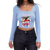Women's Casual Ribbed Slim-Fit Cropped Long-Sleeve Square-Neck T-Shirt