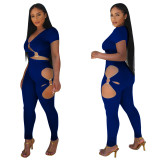 Women V‑Neck Short Sleeve Top & Cut‑Out Pants Two‑Piece Set