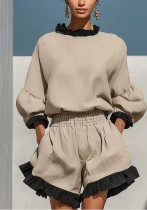 Women's Color-Block Ruffle Linen Round-Neck Lantern-Sleeve Top with High-Waisted Pocket Shorts Two-Piece Set Women's Color-Block Ruffle Linen Round-Neck Lantern-Sleeve Top with High-Waisted Pocket Shorts Two-Piece Set