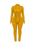 Women Mesh High Neck Patchwork Long-Sleeve Tie-Waist Ruffled Jumpsuit