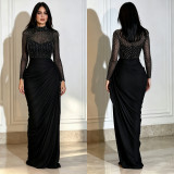Women Beaded High‑Neck Mesh Long Sleeve Ruched Bodycon Dress