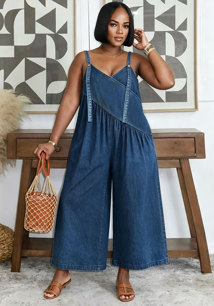 Patchwork Side-Pocket Washed Wide-Leg Denim Overalls
