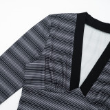 Women Autumn Sexy V‑Neck Striped Top & 7/8 Length Pants Two‑Piece Set