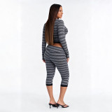 Women Autumn Sexy V‑Neck Striped Top & 7/8 Length Pants Two‑Piece Set