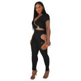 Women V‑Neck Short Sleeve Top & Cut‑Out Pants Two‑Piece Set