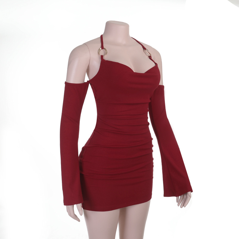 Off-Shoulder Halter Neck Ruched Bodycon Dress for Autumn