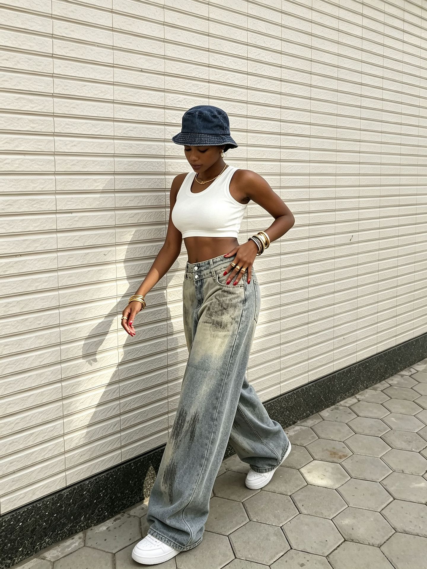 Washed Double-Waist Wide-Leg Denim Pants