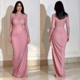 Women Beaded High‑Neck Mesh Long Sleeve Ruched Bodycon Dress
