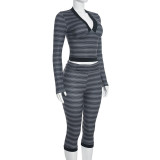 Women Autumn Sexy V‑Neck Striped Top & 7/8 Length Pants Two‑Piece Set