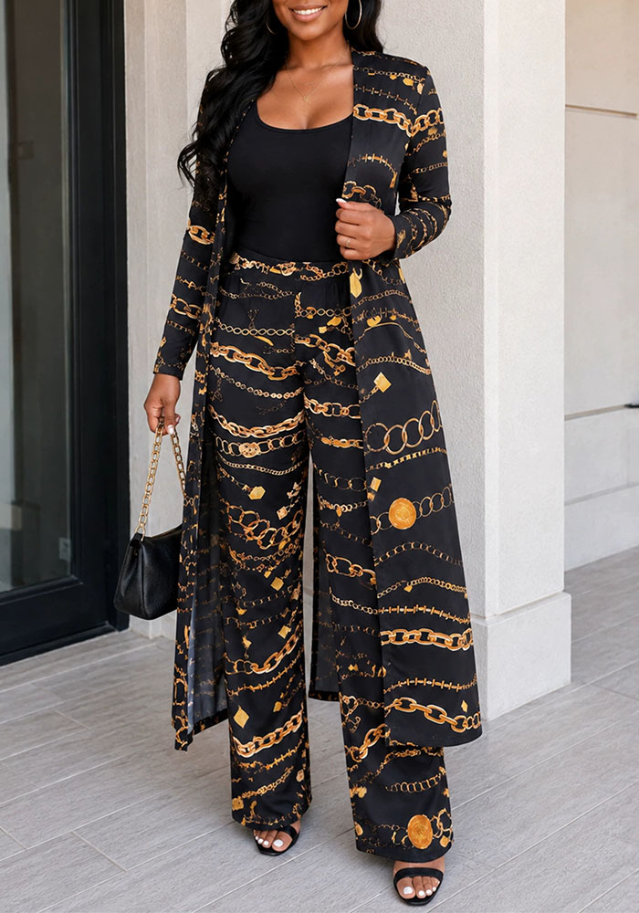 Printed Long-Sleeve Jacket & Tight-Fitting Pants Two-Piece Set