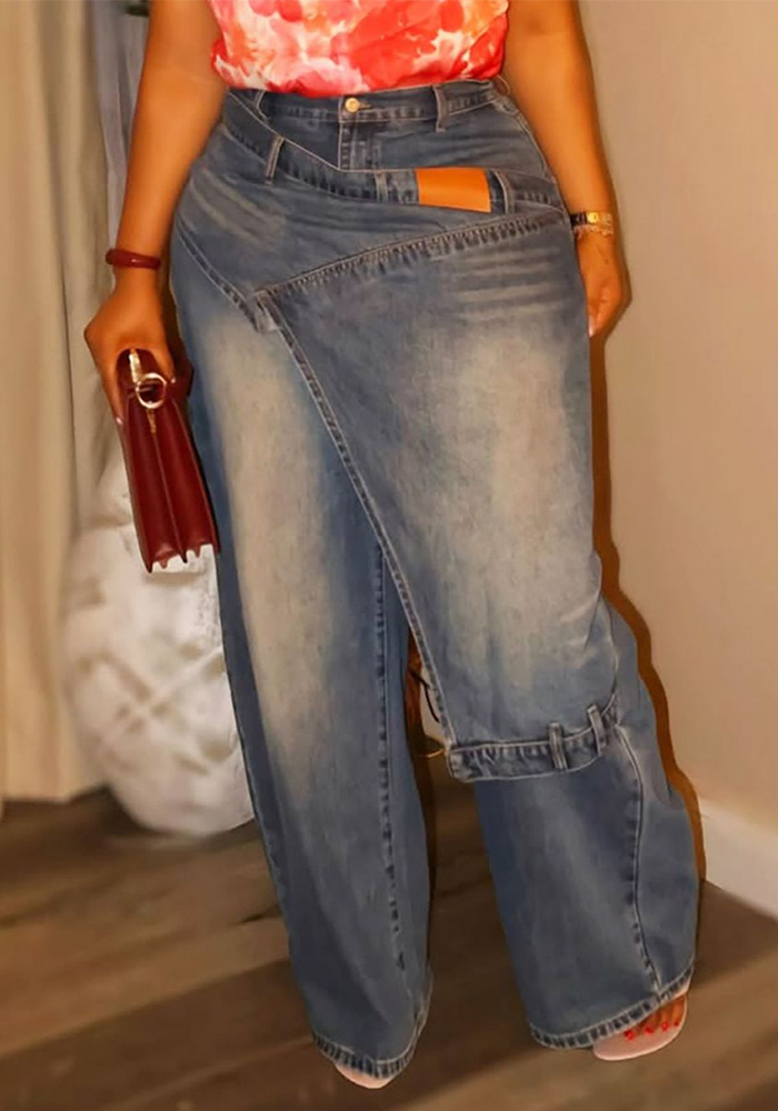 Asymmetrical Deconstructed Patchwork PU-Washed Denim Pants