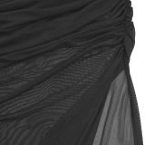 Women Beaded High‑Neck Mesh Long Sleeve Ruched Bodycon Dress
