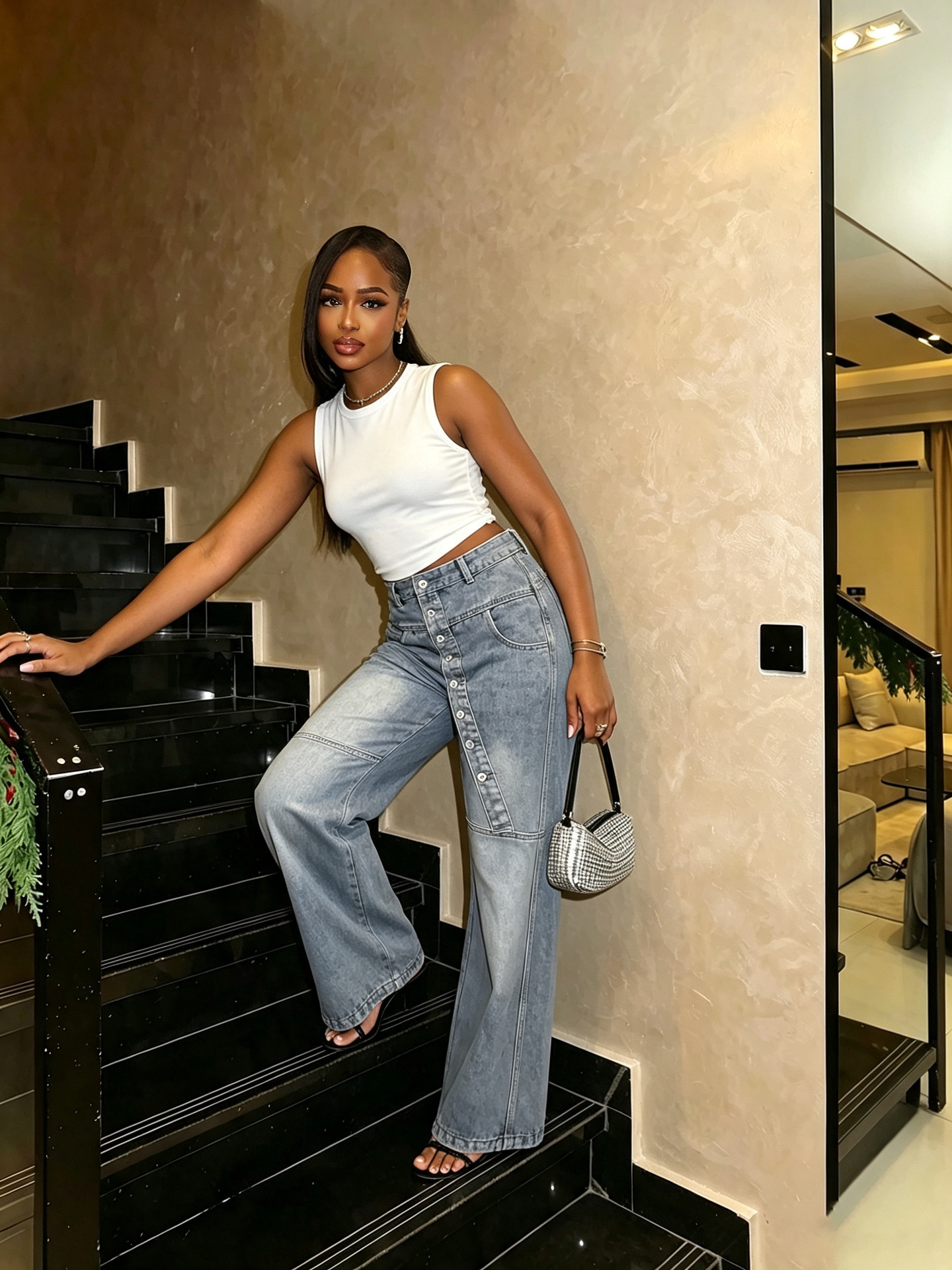Washed Slim-Fit Wide-Leg Denim Pants
