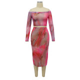 Women Long Sleeve Off‑Shoulder Mesh Printed Top & Slit Skirt Two‑Piece Set